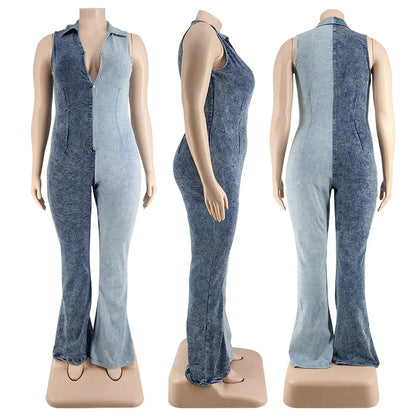 Streetwear Denim Patchwork Zip Women Jumpsuits Fall Winter Sleeveless Flare Pants One Piece Casual Rompers Jean Playsuits 2023 FZwear