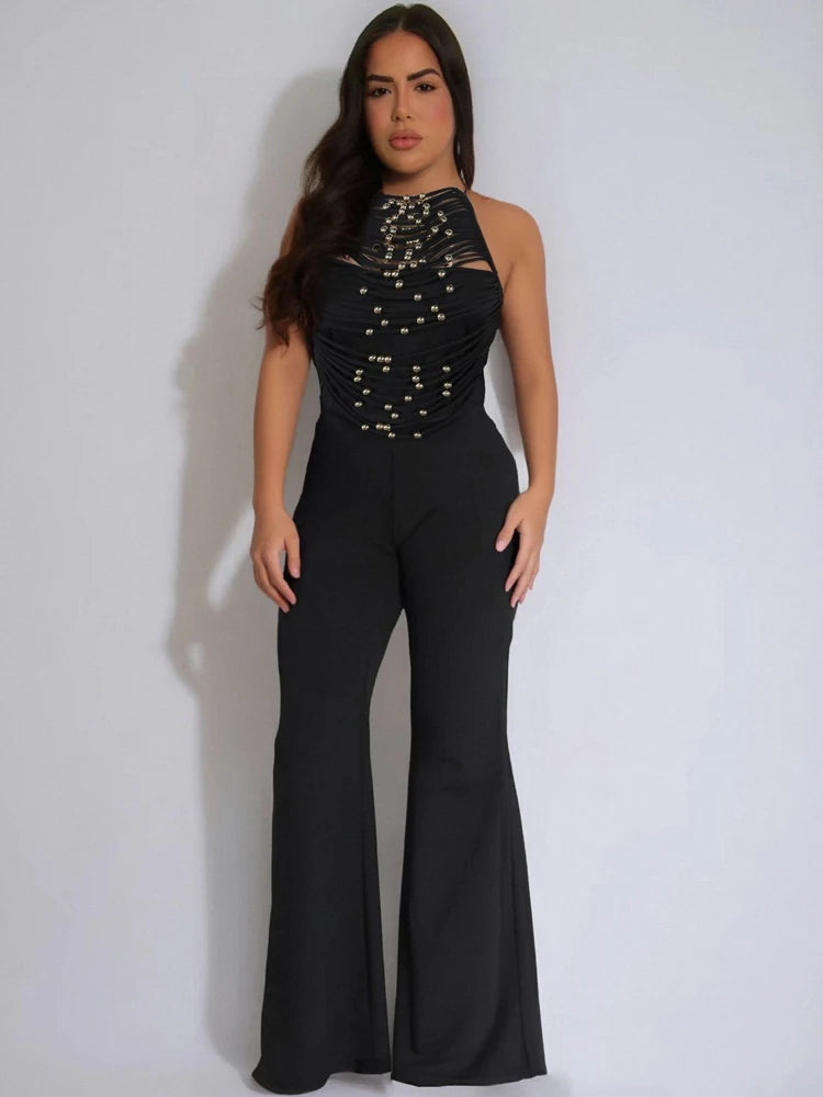 FZ Women's Beaded Fringed Palazzo Backless Fitted Wide Legs Jumpsuit