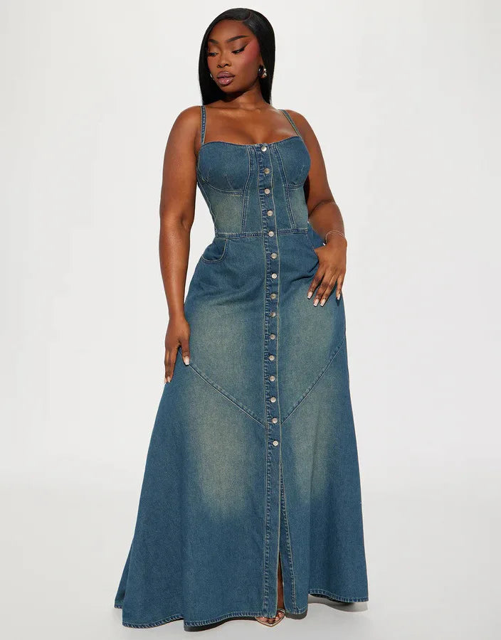 FZ Women's Sling Strapless A Line Streetwear Sleeveless Denim Dress