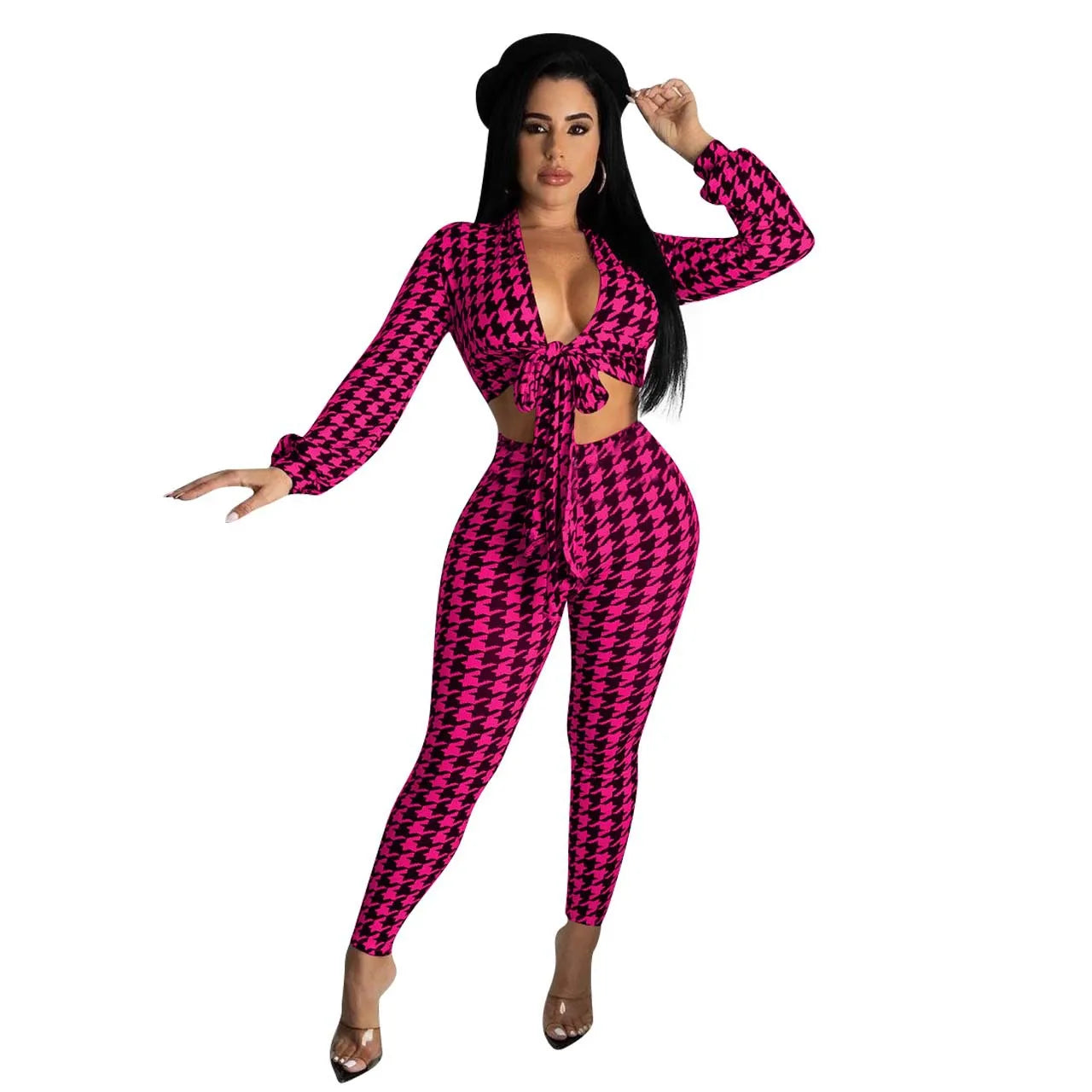 FZ Women's Plaid High Sexy Shinny Chic Slim Two Piece Pants Suit - FZwear