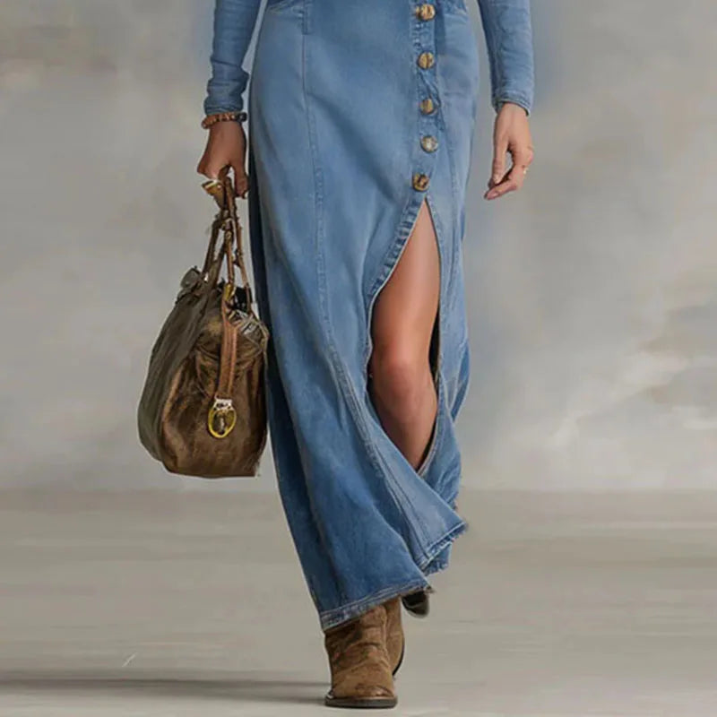 FZ Women's Button Front High Split Denim Dress