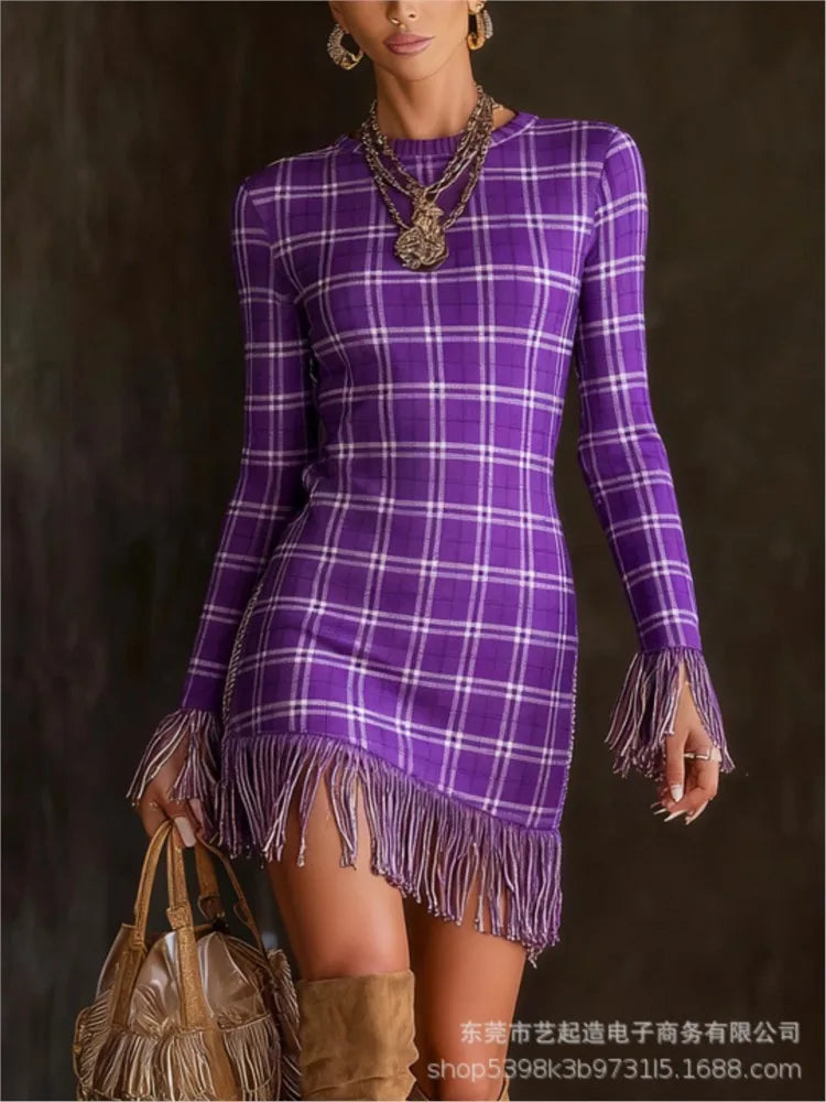 FZ Women's Retro Print Tassel Slim Fit O Neck  Mini Knitted Sweater Dress