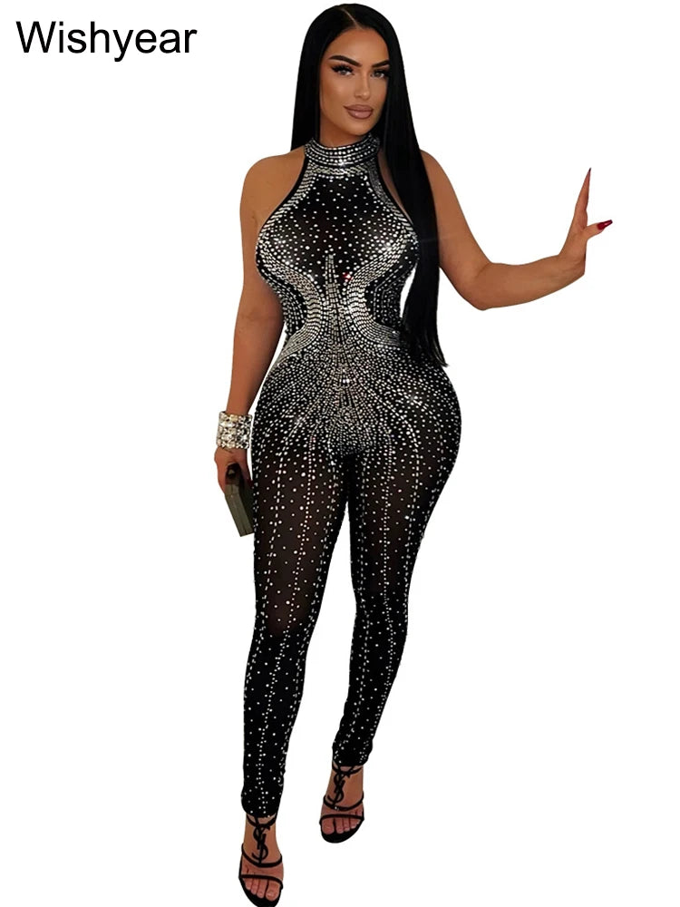 FZ Women's Sleeveless Mesh See Through Rhinestone Jumpsuit