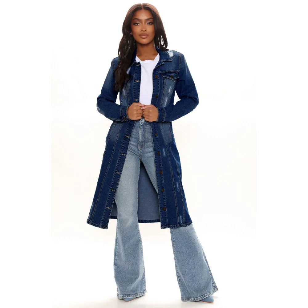 FZ Women's Hole Loose Turndown Collar Straight Denim Jacket - FZwear
