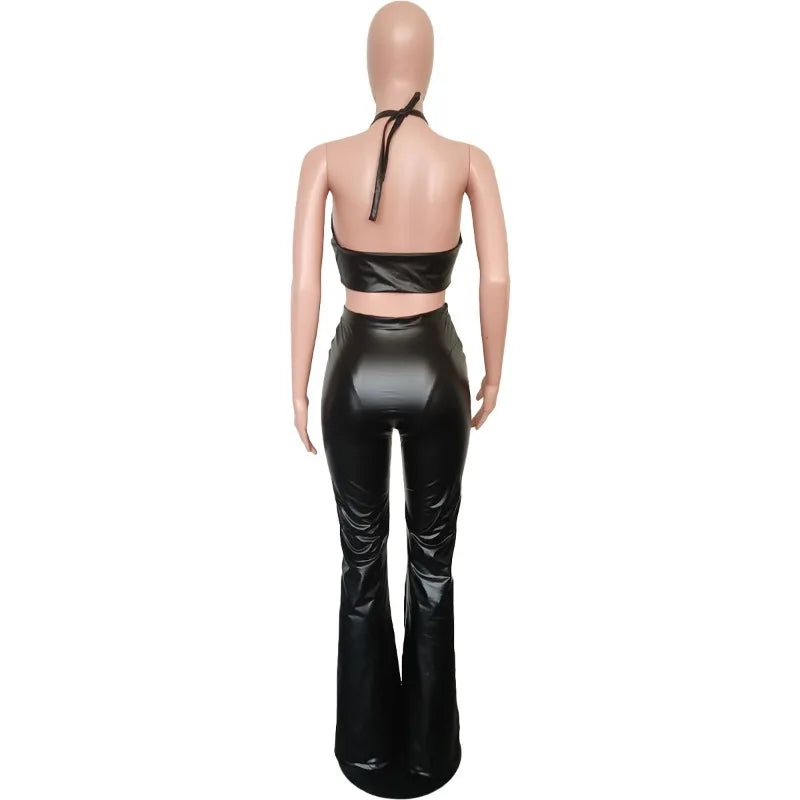 FZ Women'S Sexy High Stretch PU Leather Two Piece High Waist Flare Pants Suit - FZwear