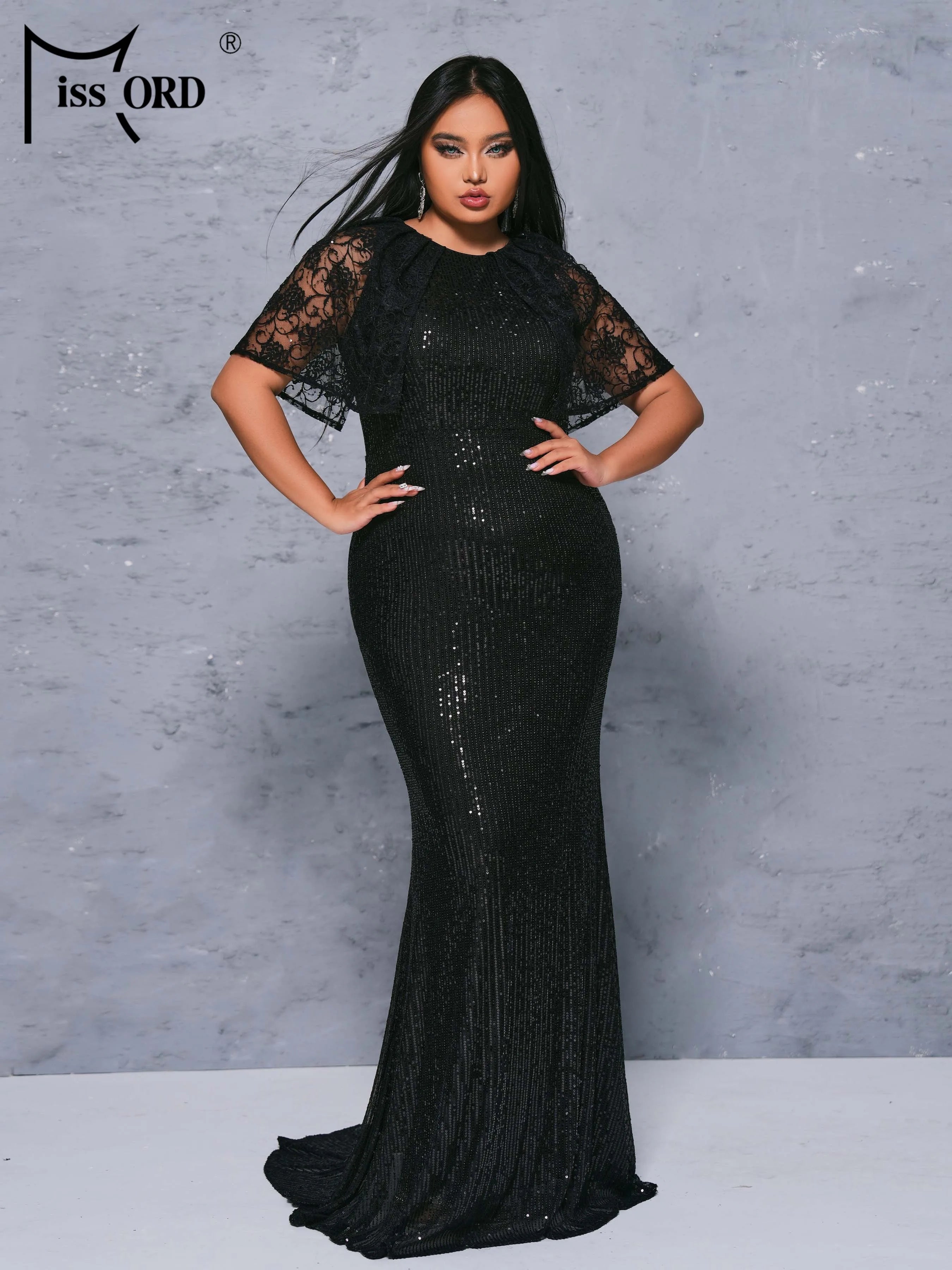 FZ Women's Plus Size Round Necked Sequin Short Sleeved Mermaid Evening Dress