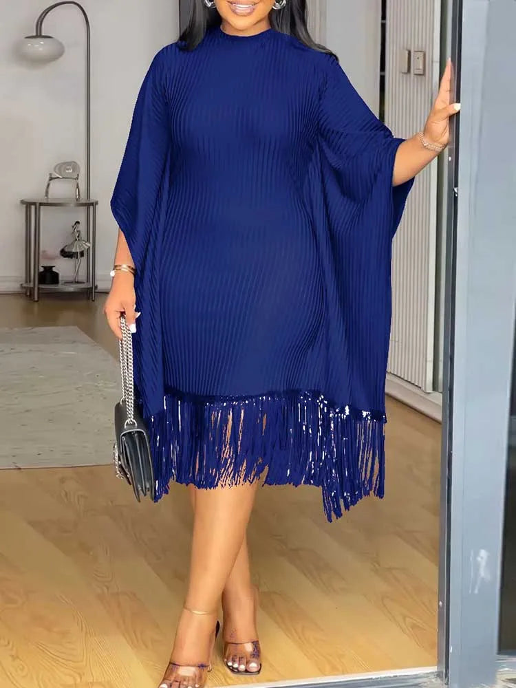 FZ Women's Tassel Sequin Stretchy Batwing Sleeves French Style Knitted Dress