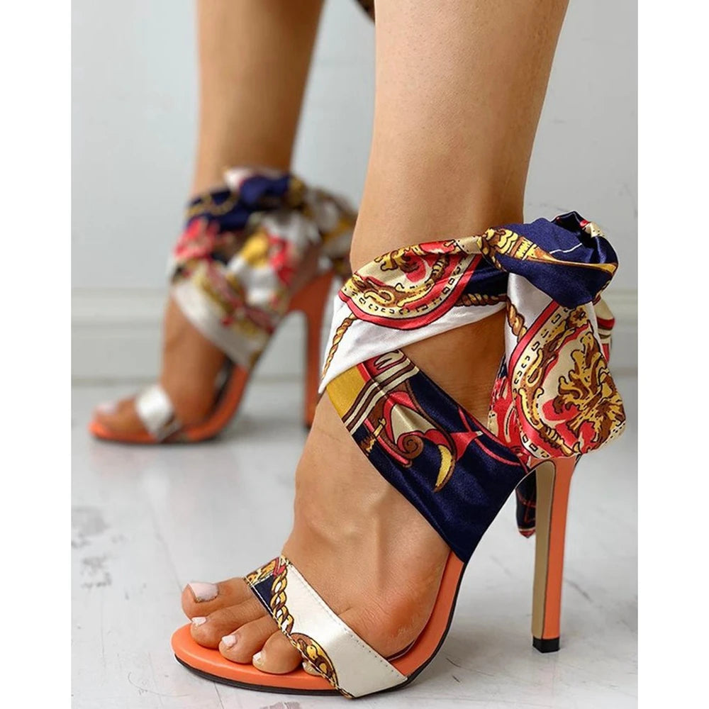 FZ Women's Floral Print Tied Ankle Pumps Sandals Shoes