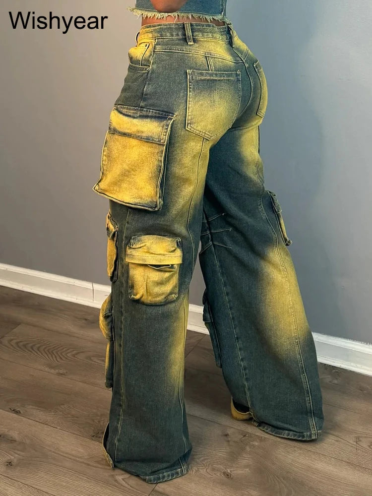 FZ Women's Retro Fashion Tie-dye Wide Leg Washed Mid Waist Denim Pants