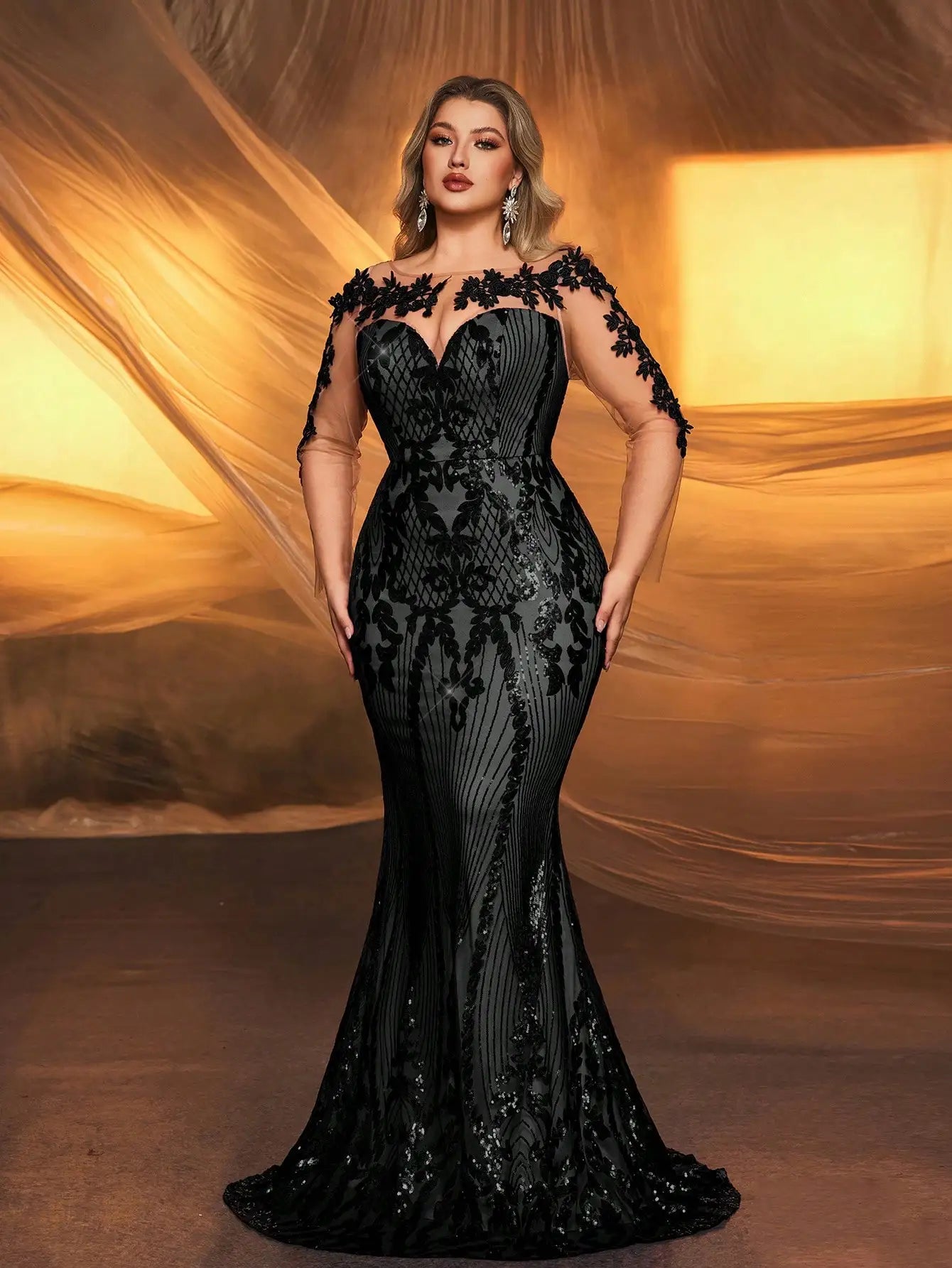 FZ Women's Plus Size Mermaid Sequin Embroidery Floor Length Evening Dress