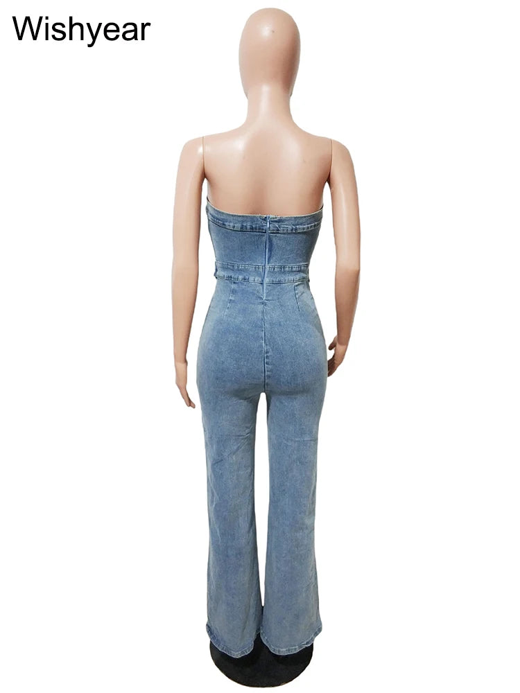 FZ Women's High Waist Hollow Out Wide Leg Off Shoulder Backless Denim Jumpsuit