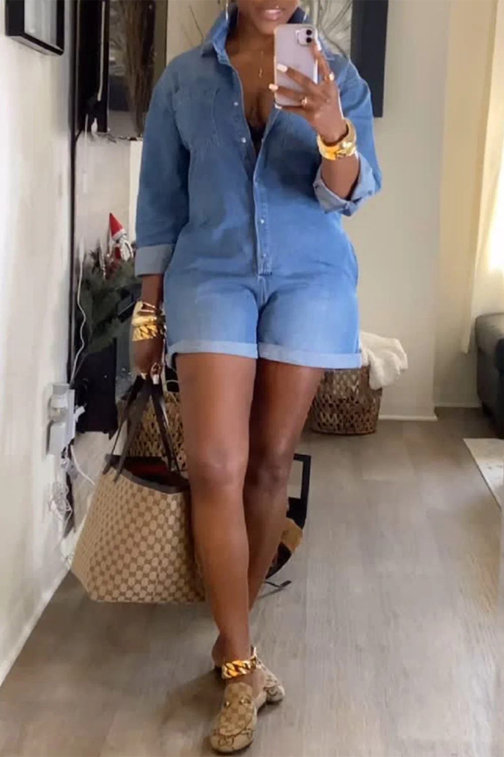 FZ Women's Plus Size Shirt Collar Short Sleeve Pocket Short Denim Jumpsuit