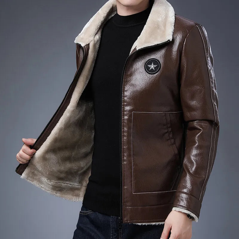 FZ Men's Plus Size Fur Collar Plus Velvet PU Leather Jacket