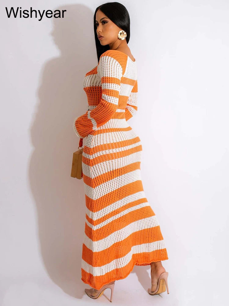 FZ Women's Sexy Elegant Striped Knitted Maxi Sun Dress - FZwear