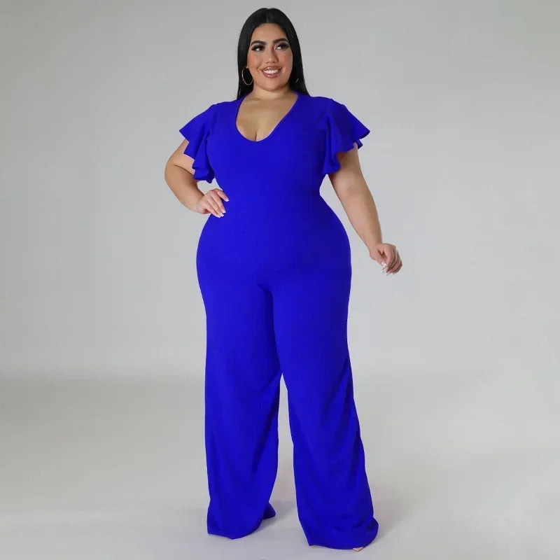 FZ Women's Plus Size V-neck Ruffles Sleeve High Waist Wide Leg Straight Jumpsuit