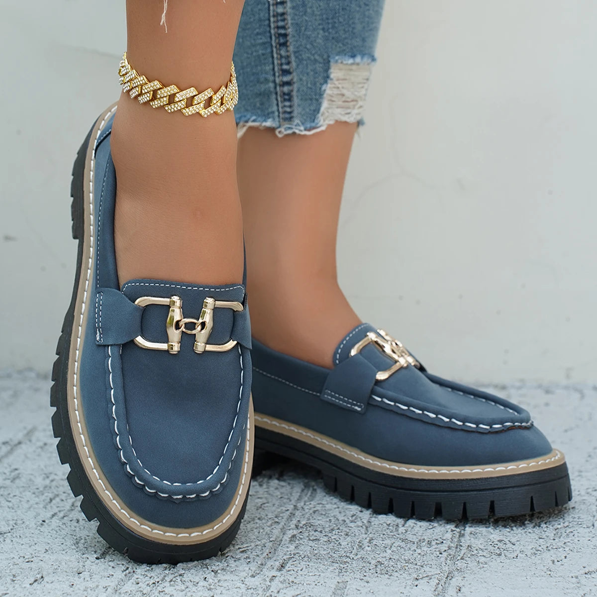 FZ Women's Loafers Retro British Style Thick Heel Shoes