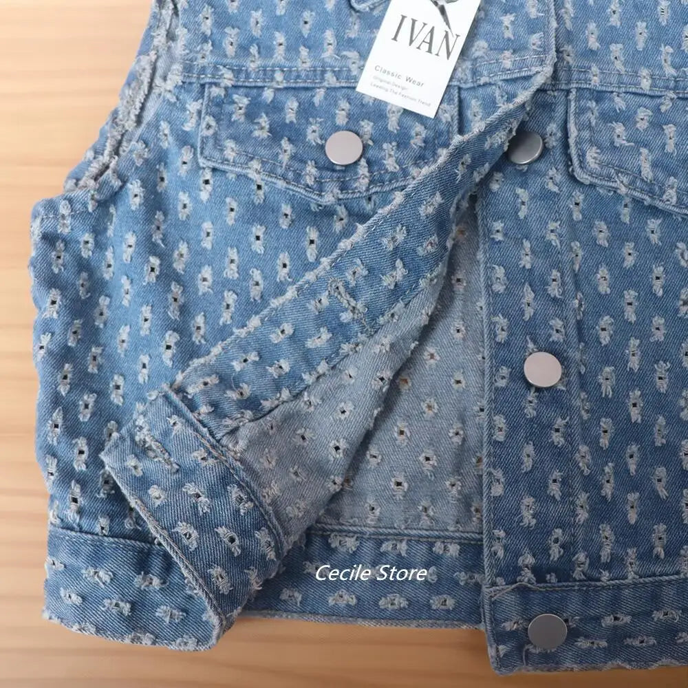 FZ Women's African Ripped Three-piece Wide Leg Slit Denim Pants Suit