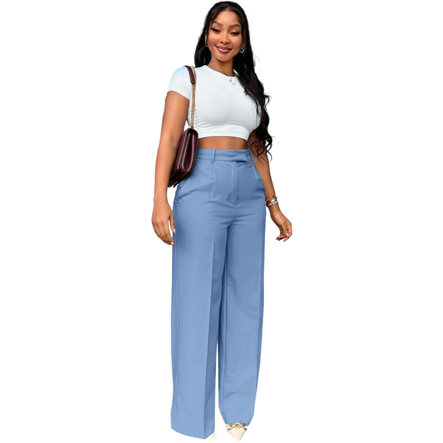 FZ Women's Solid Button Pocket Straight Wide Leg High Waisted Pants