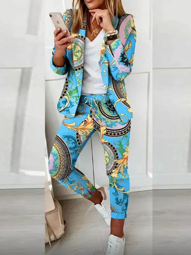 FZ Women's Print Two Piece All Season Slim Blazers Pants Suit - FZwear