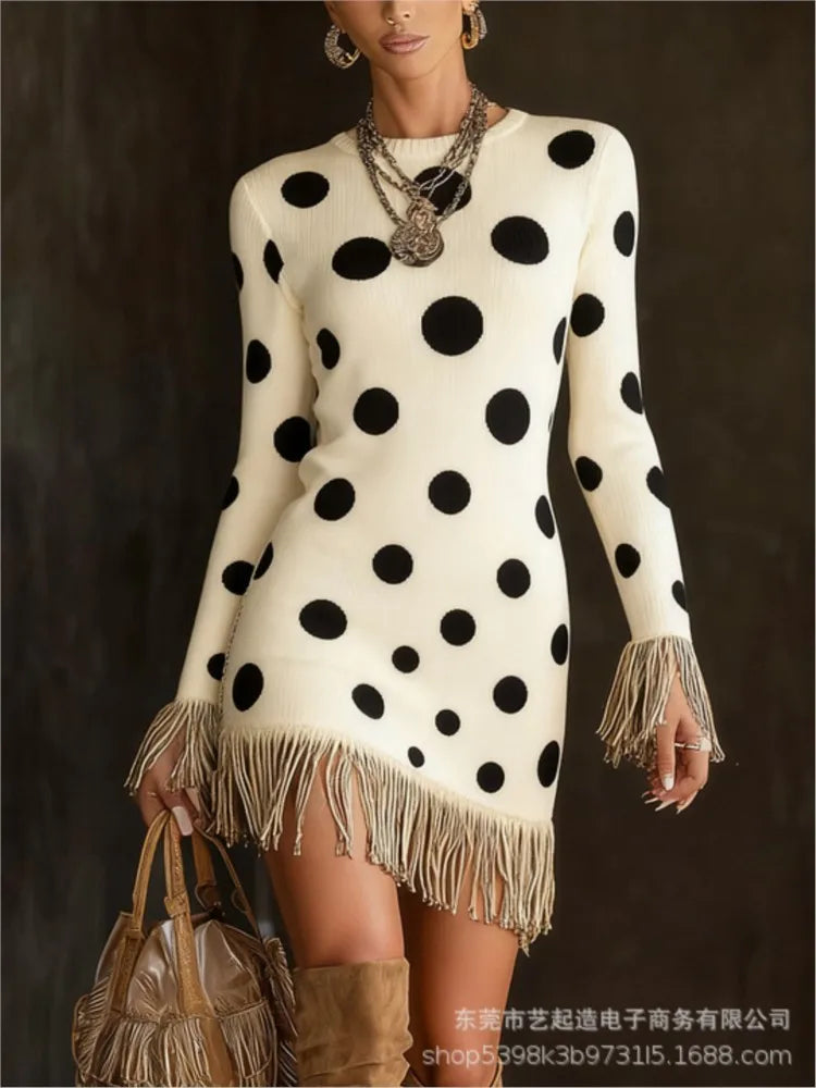 FZ Women's Retro Print Tassel Slim Fit O Neck  Mini Knitted Sweater Dress