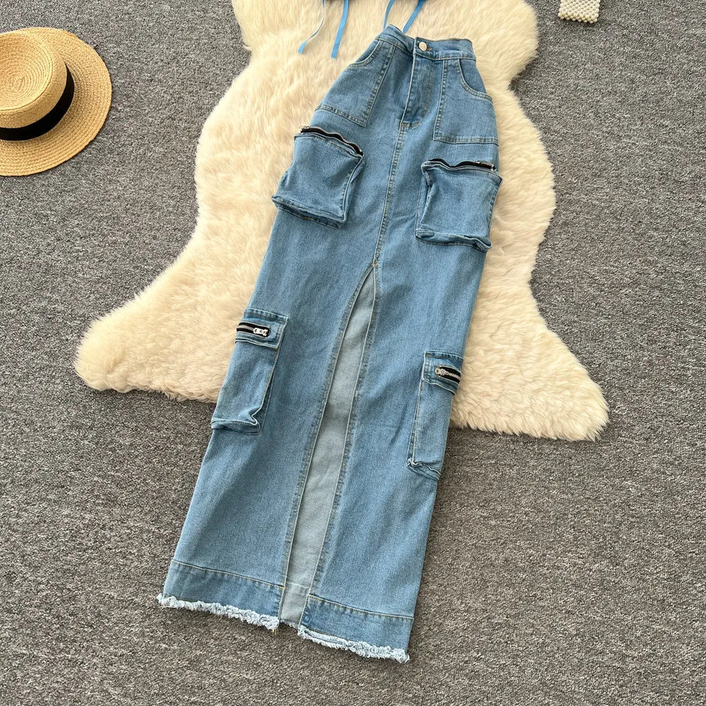 FZ Women's Sling Strapless A Line High Waist Two Piece Denim Skirt Suit