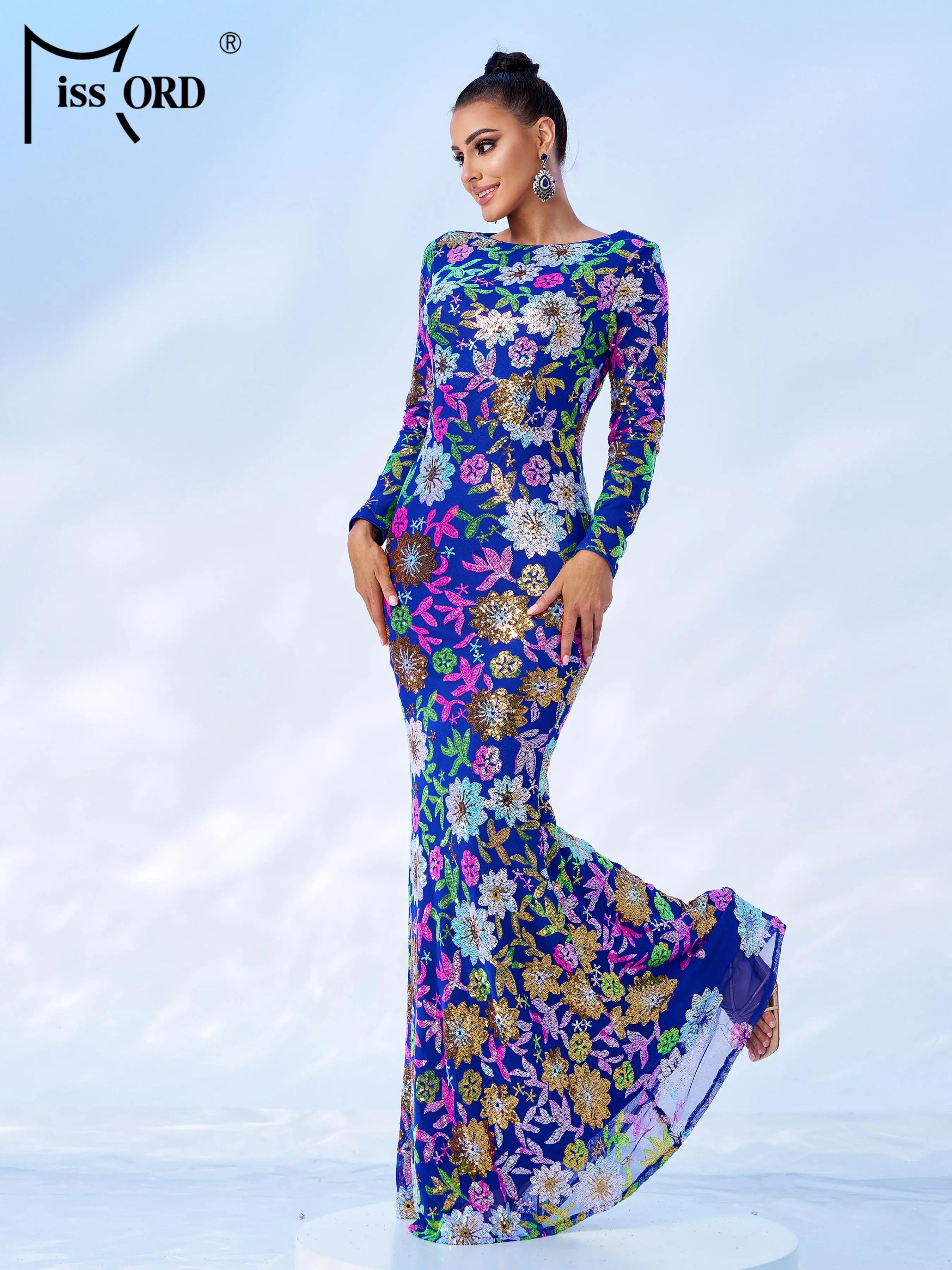 FZ Women's Round Neck Long Sleeved Sequin Mermaid Evening Dress