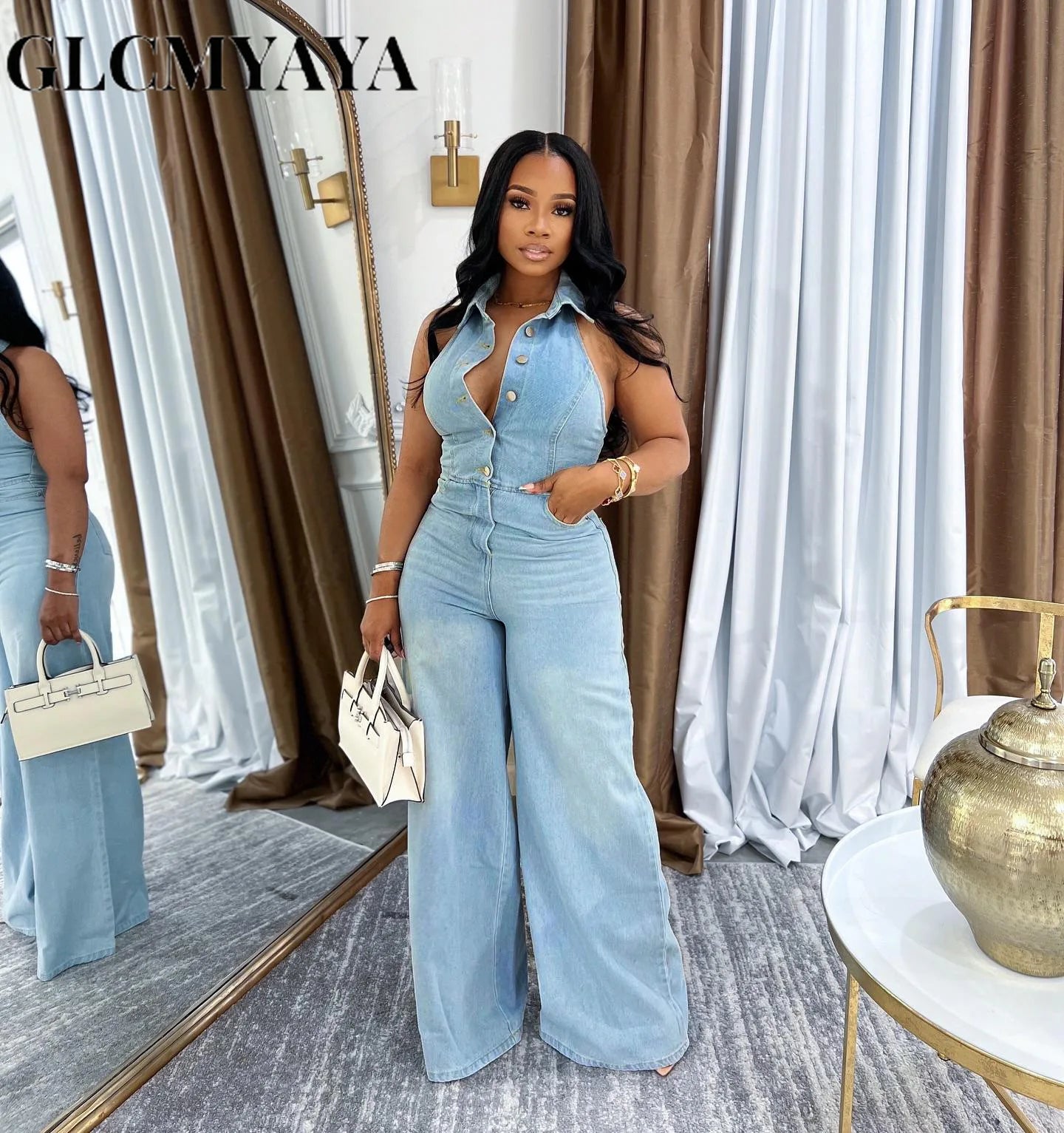 FZ Women's Sleeveless Single Breasted Wide Leg  Denim Jumpsuit