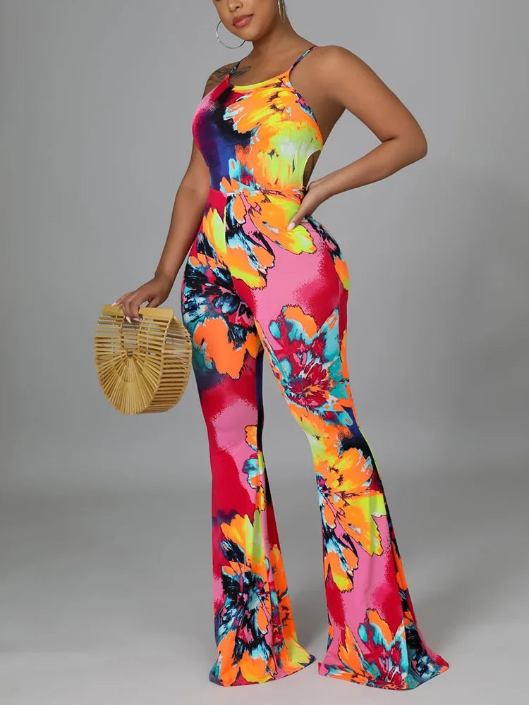 FZ Women's Sexy Floral Print Strap Backless Jumpsuit - FZwear