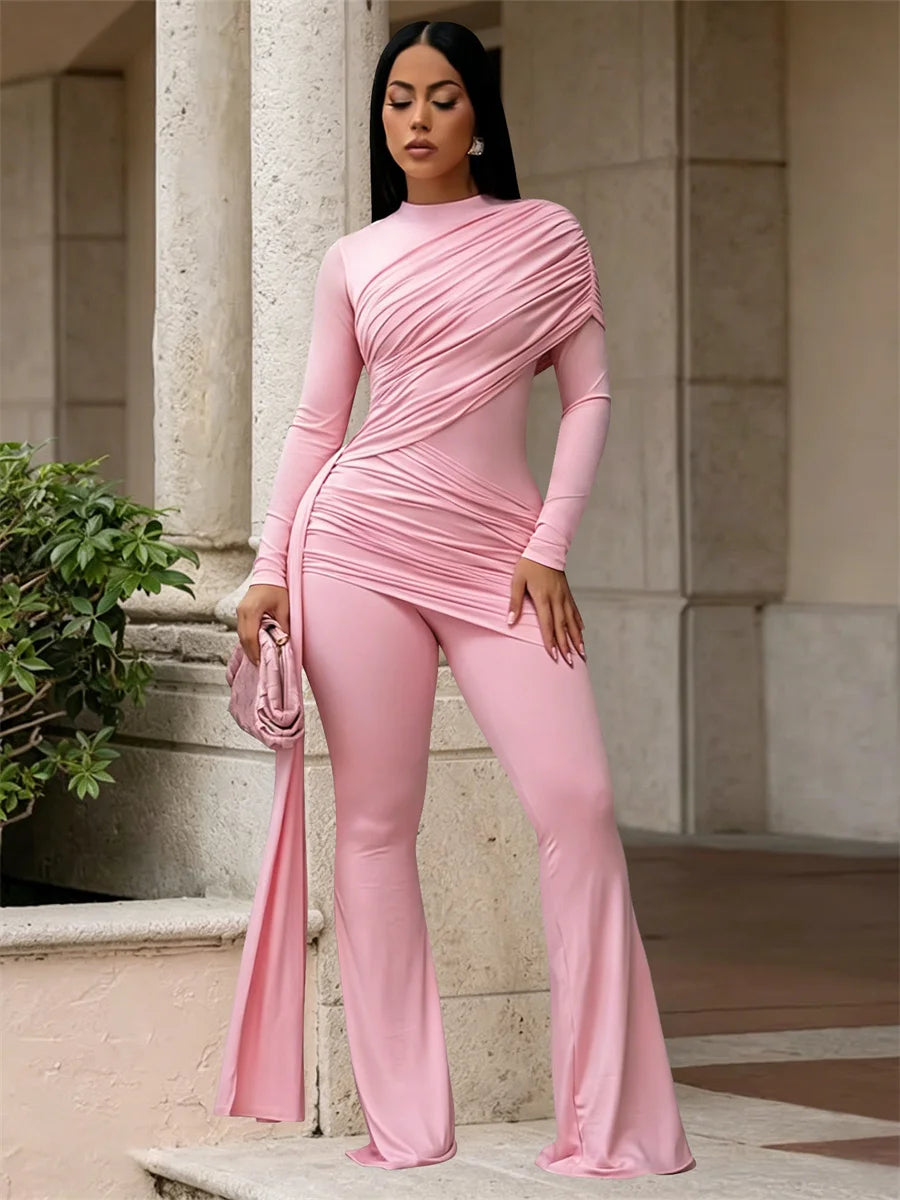 FZ Women's Ruched Chic Ribbon Patchwork Flared Jumpsuit