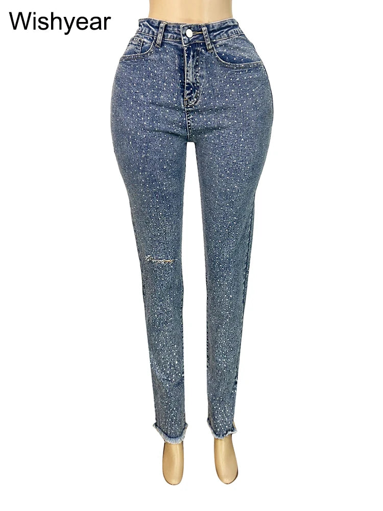 FZ Women's Skinny Stretch Diamonds Hole Pencil High Waist Washed Denim Pants