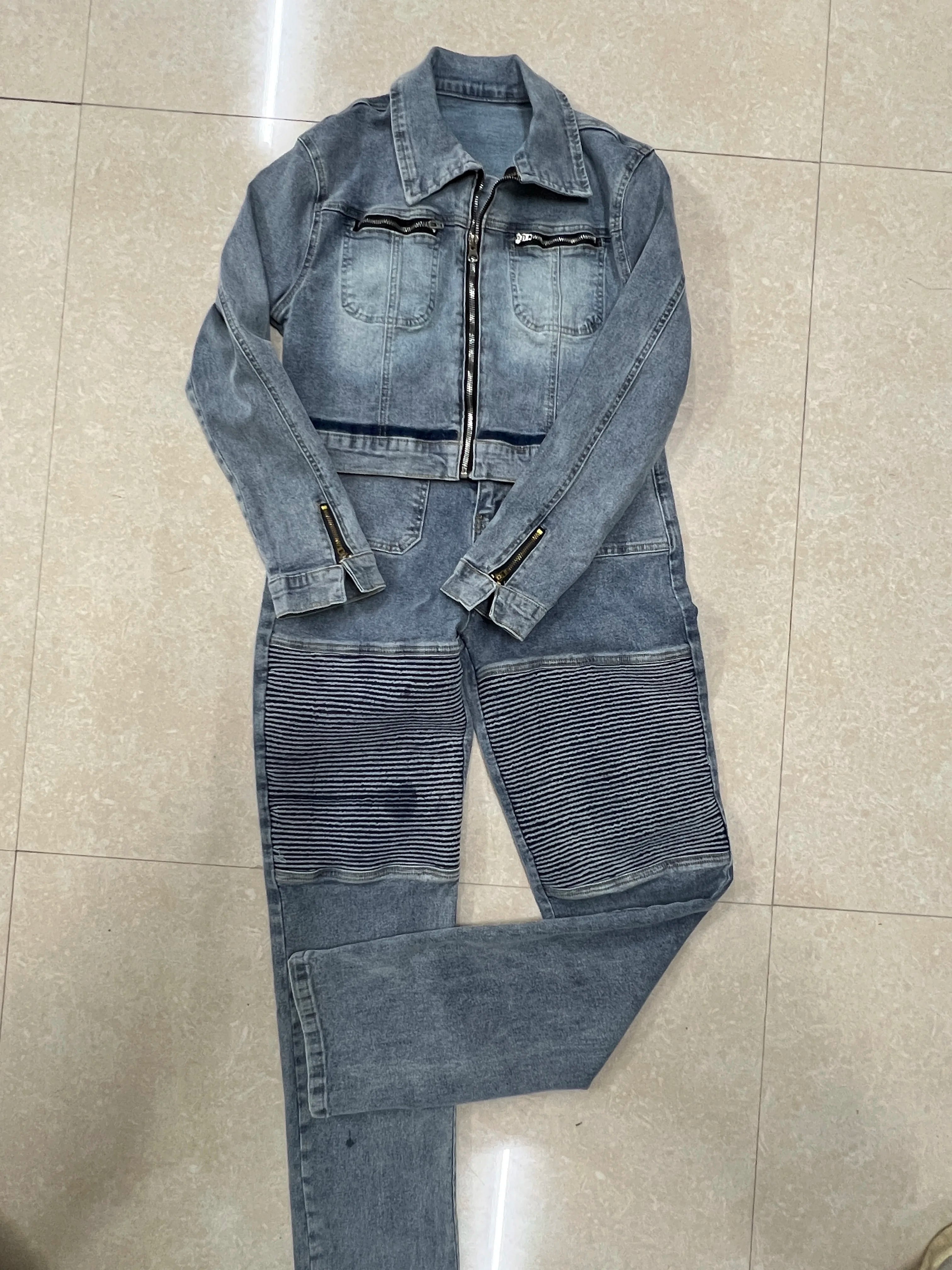 FZ Women's  Y2K Streetwear Pencil Two Piece Denim Pants Suit