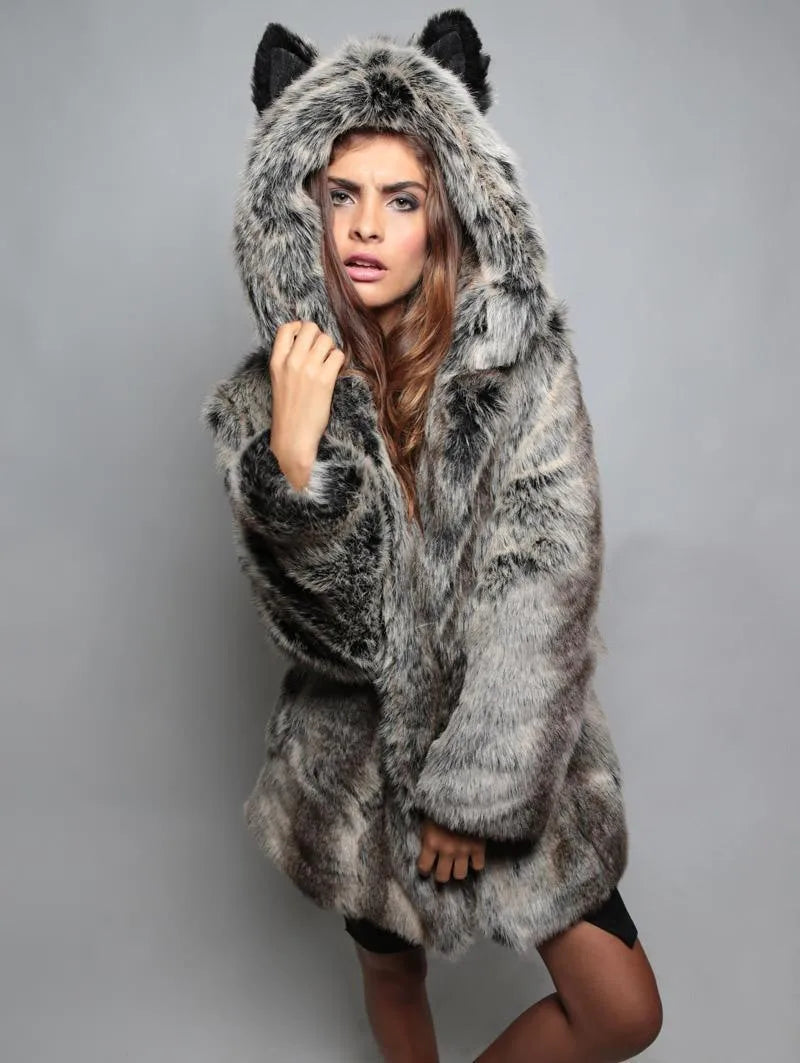 FZ Women's Hooded Ears Mid Length Faux Fur Coat Jacket