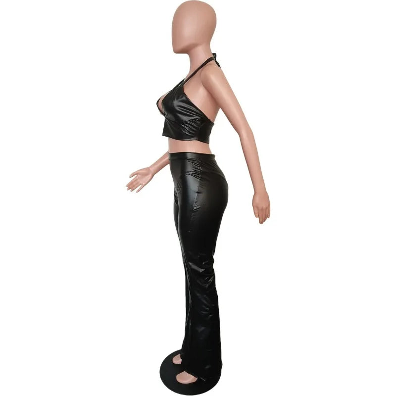 FZ Women'S Sexy High Stretch PU Leather Two Piece High Waist Flare Pants Suit - FZwear