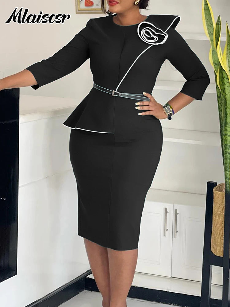 FZ Women's 3D Flowers 3/4 Sleeve O-neck Mid Evening Dress