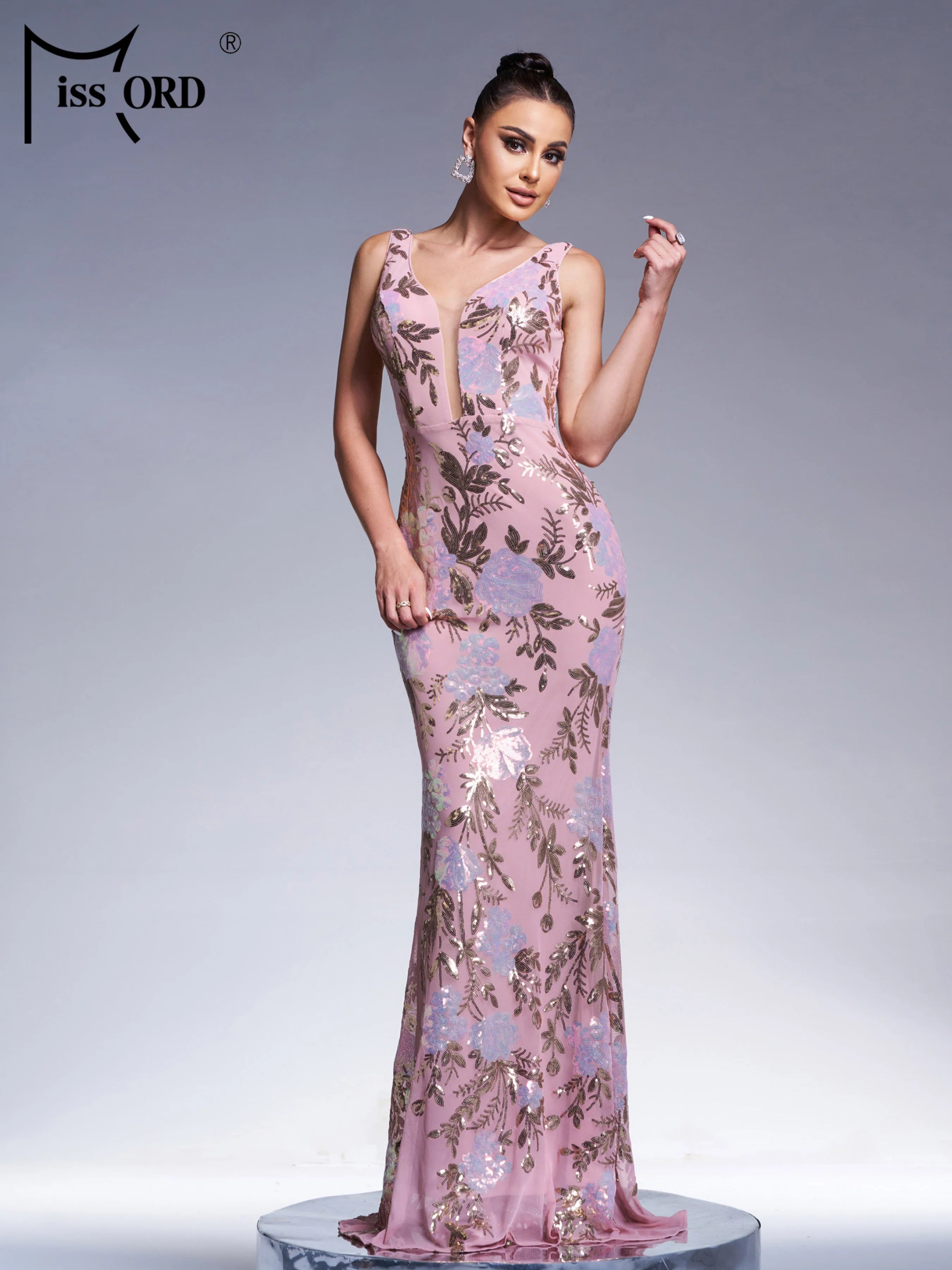 FZ Women's V Neck Sequin Mermaid Cocktail Maxi Evening Dress
