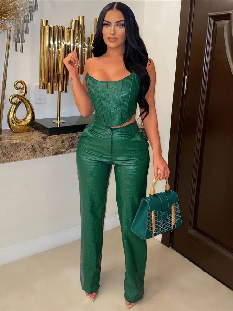 FZ Women's Cut-Out Sexy Sleeveless PU Leather 2 Piece Pants Suit