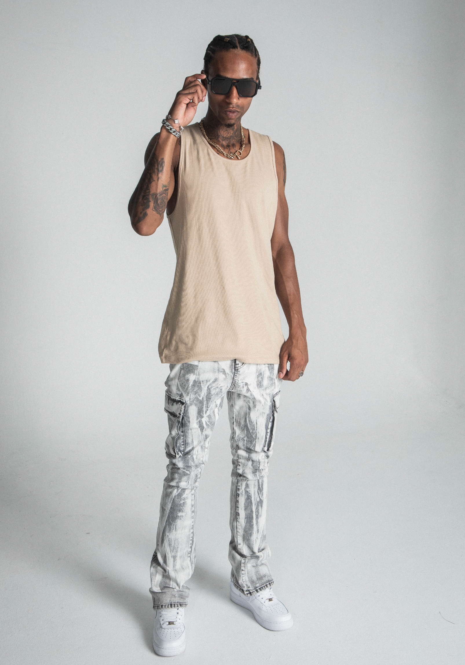 AJ29SK GREY/WHITE WASH STACKED CARGO JEANS PANTS