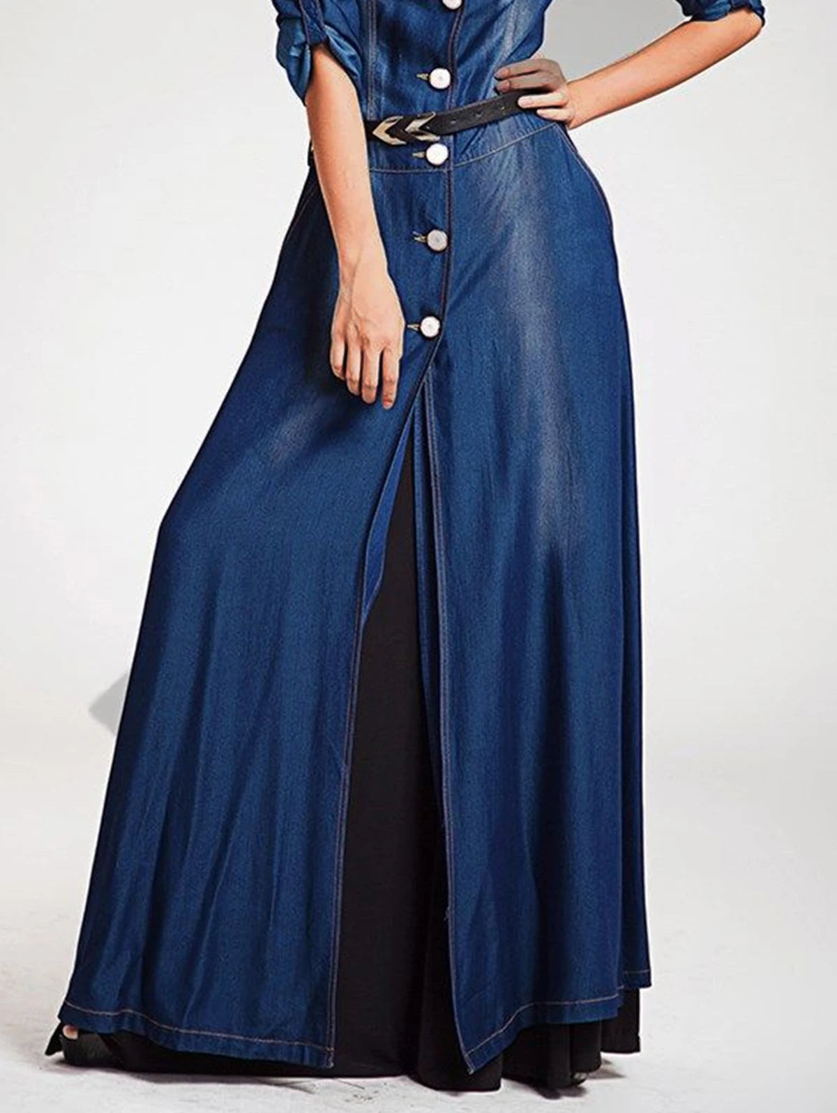 FZ Women's  Single Breasted Slim Vintage Lapel Collar Maxi Denim Dress