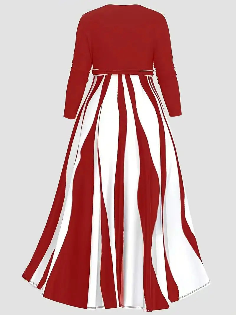 FZ Women's Plus-Size V-neck long-sleeved striped color-block dress