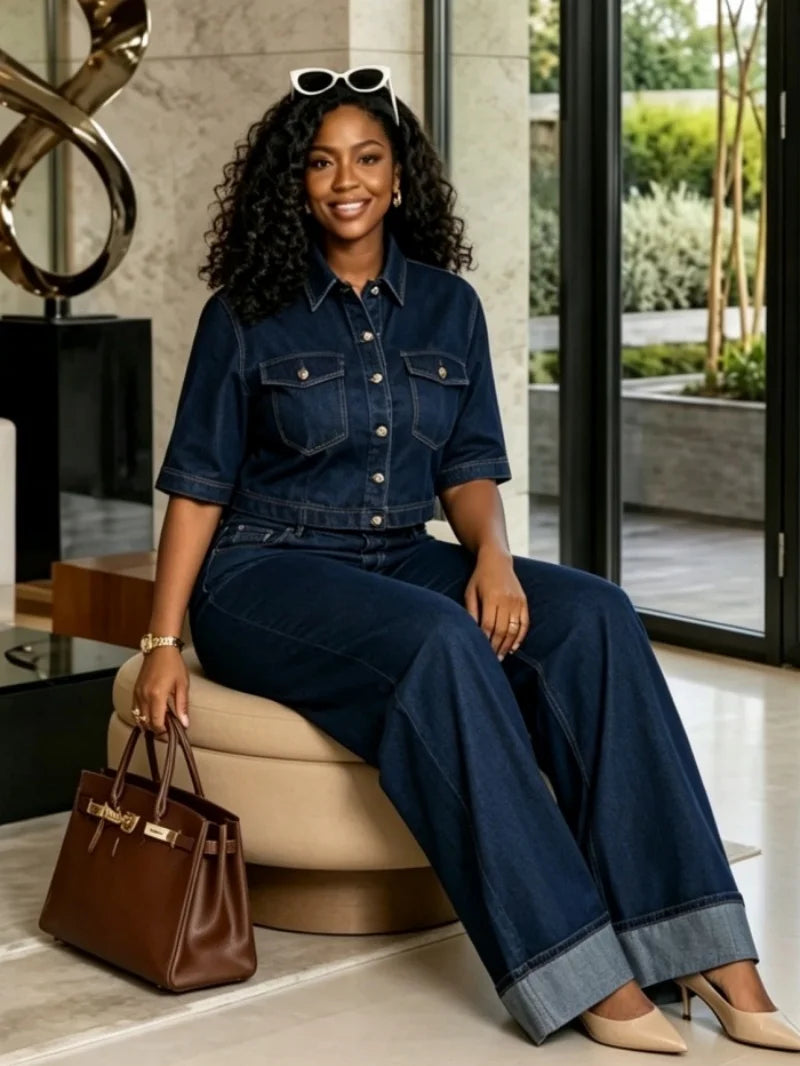 FZ Women's Half Sleeve Straight Denim Pants Suit
