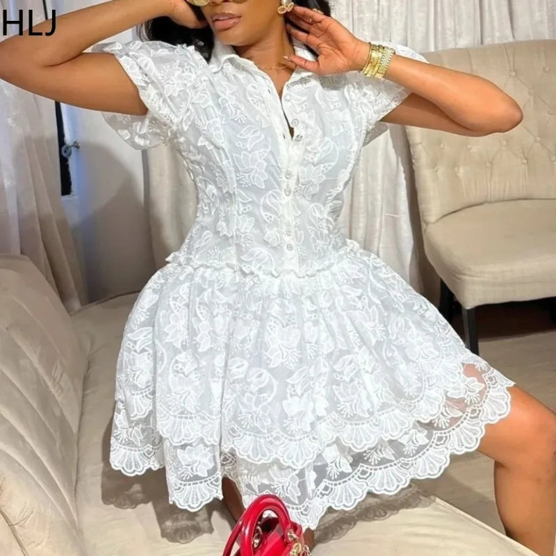 FZ Women's Lace Ruched Patchwork Short Sleeves Cake Puff Dress