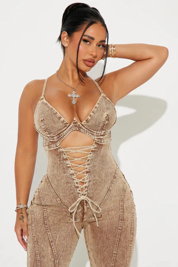 FZ Women's Strapless Strap straight washed Denim Jumpsuit