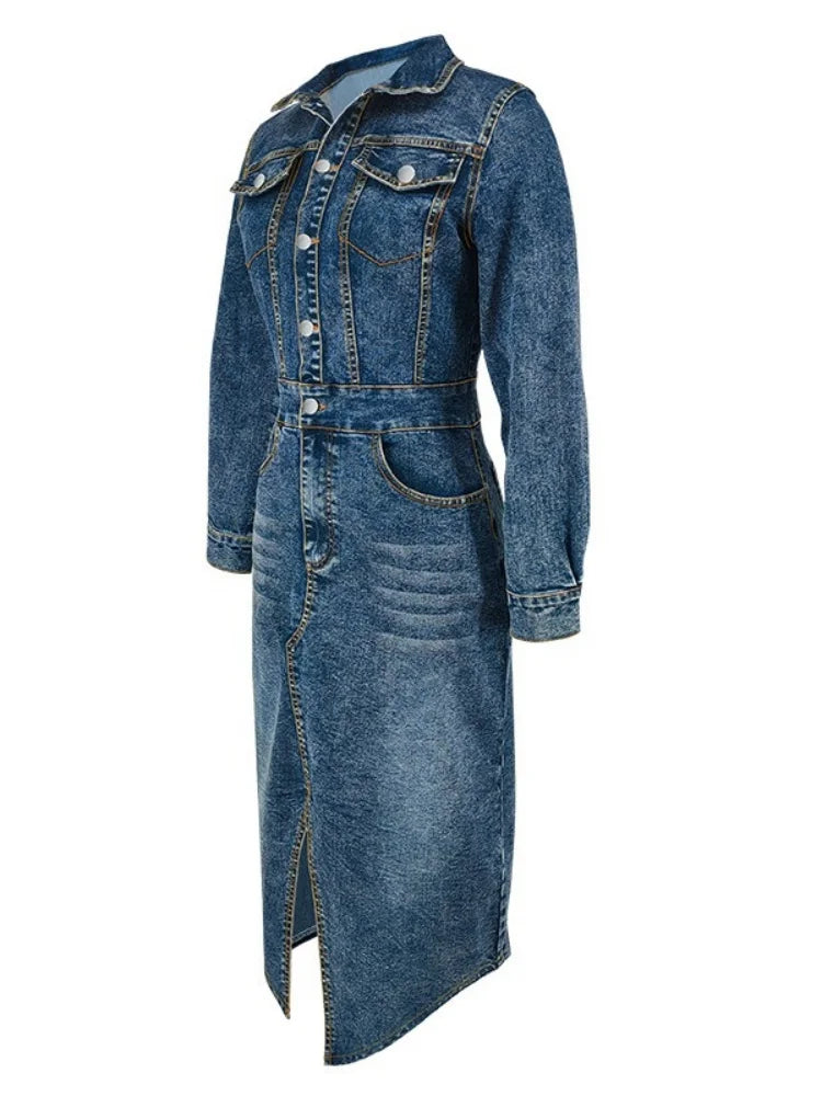 FZ Women's Long Sleeve Maxi Streetwear Denim Dress