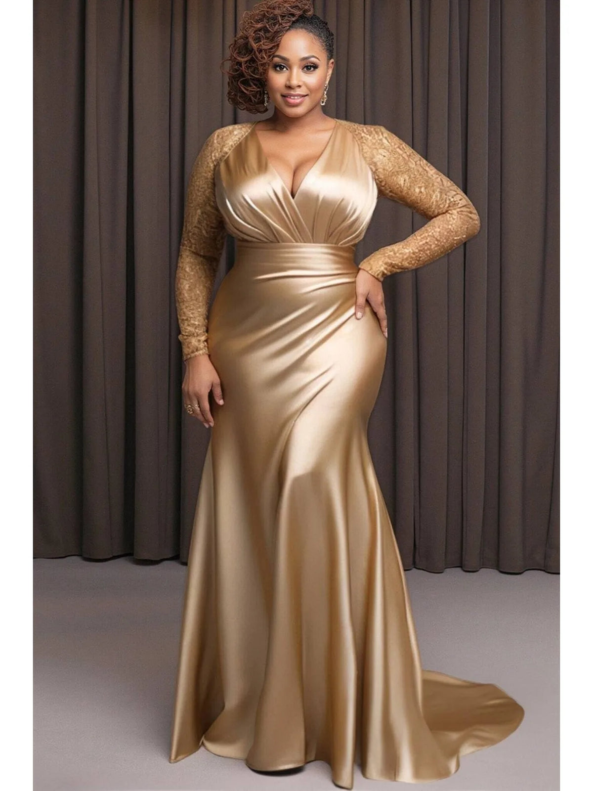 FZ Women's Plus Size Laced Maxi Satin Mermaid Evening Dress
