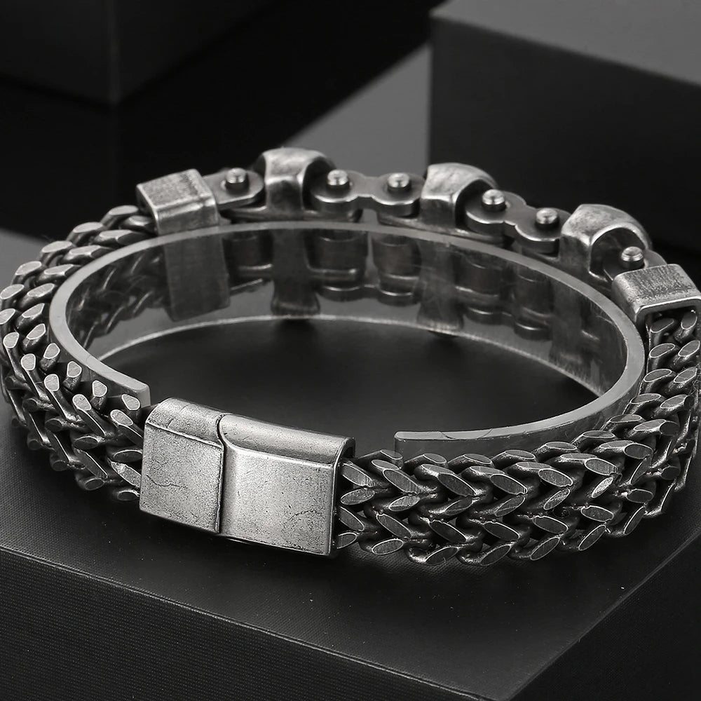 FZ Men's Vintage Black Stainless Steel Steampunk Skull Head Bracelet