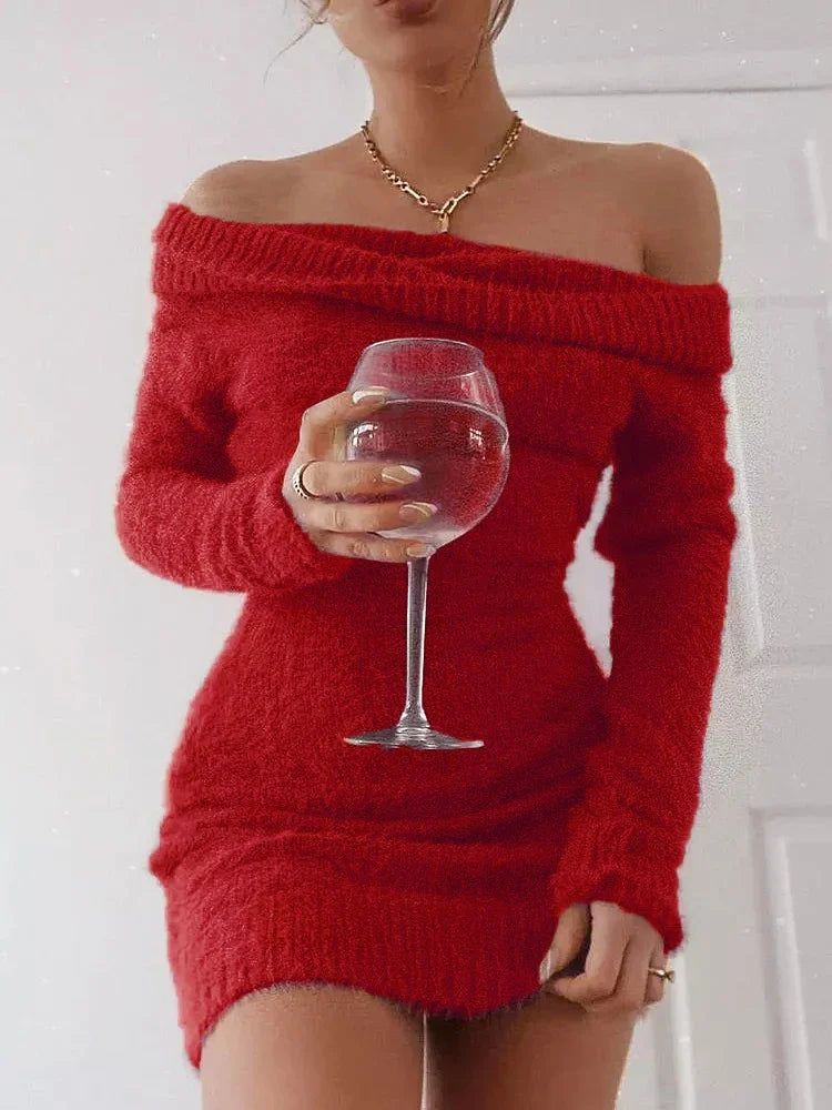 FZ Women's Sexy French Knitted Y2k Vintage Off Shoulder  Sweater Dress - FZwear