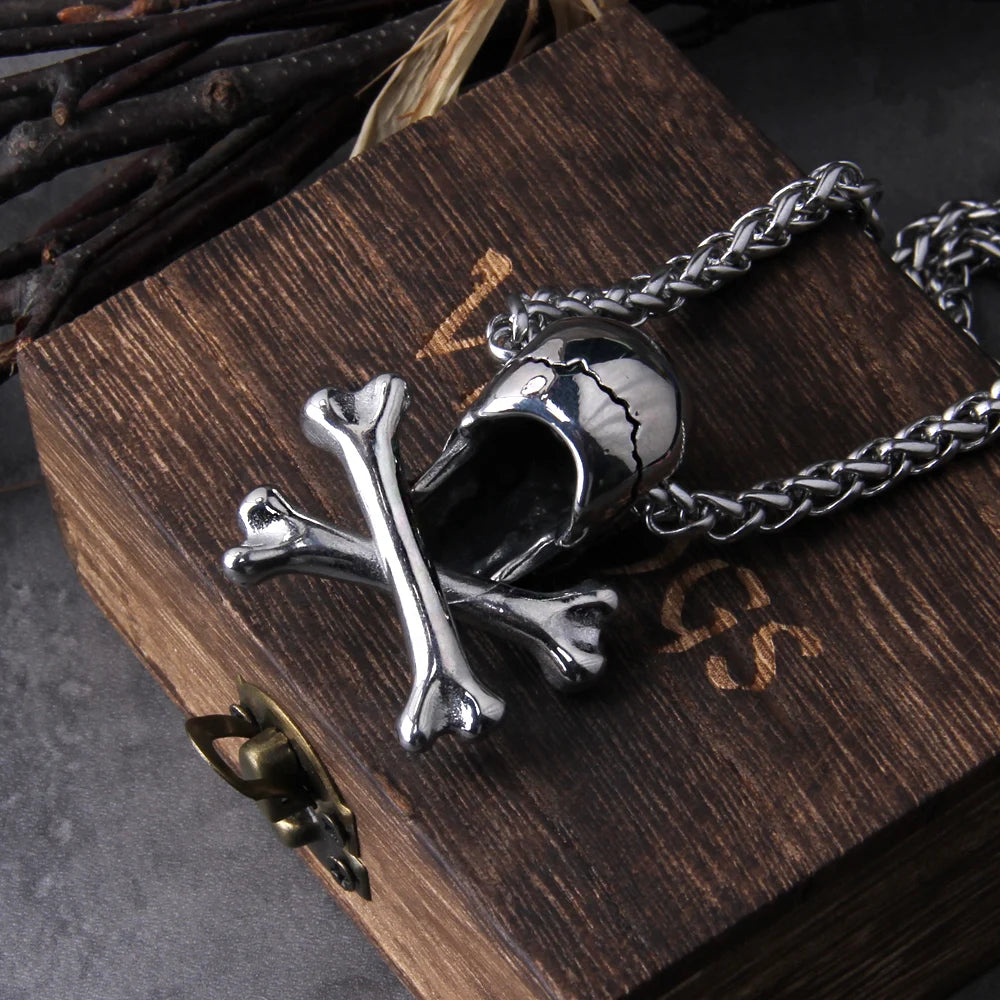 Punk Stainless Steel Skull Chain Pendant Necklace Vintage Hip Hop Statement Necklaces for Men Male Boho Jewelry with wooden box FZwear