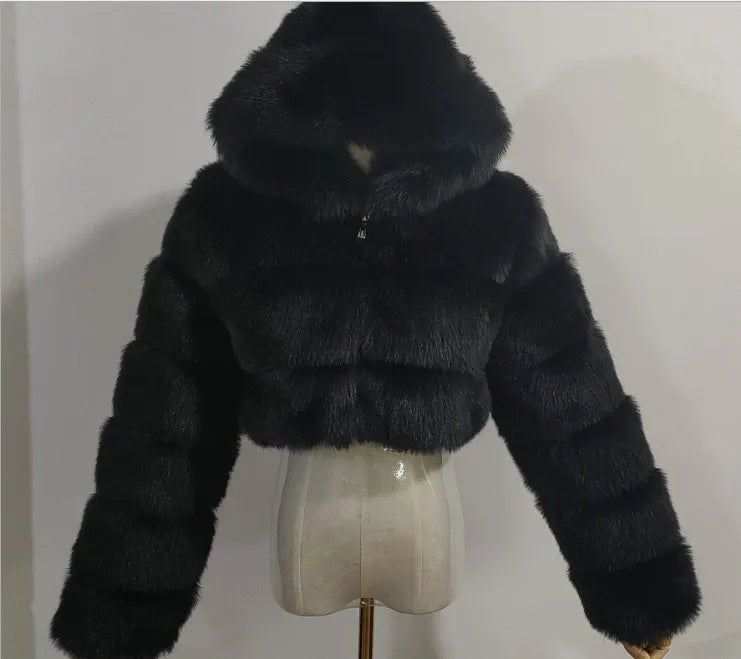 FZ Women's Faux Fur Thick Warm Hooded Open Stitch Short Coat Jacket