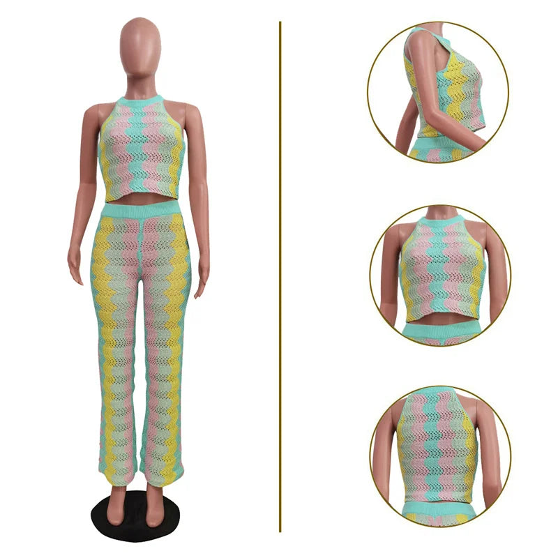 FZ Women's Knitted Striped Sleeveless Flare 2 Piece Pants Suit