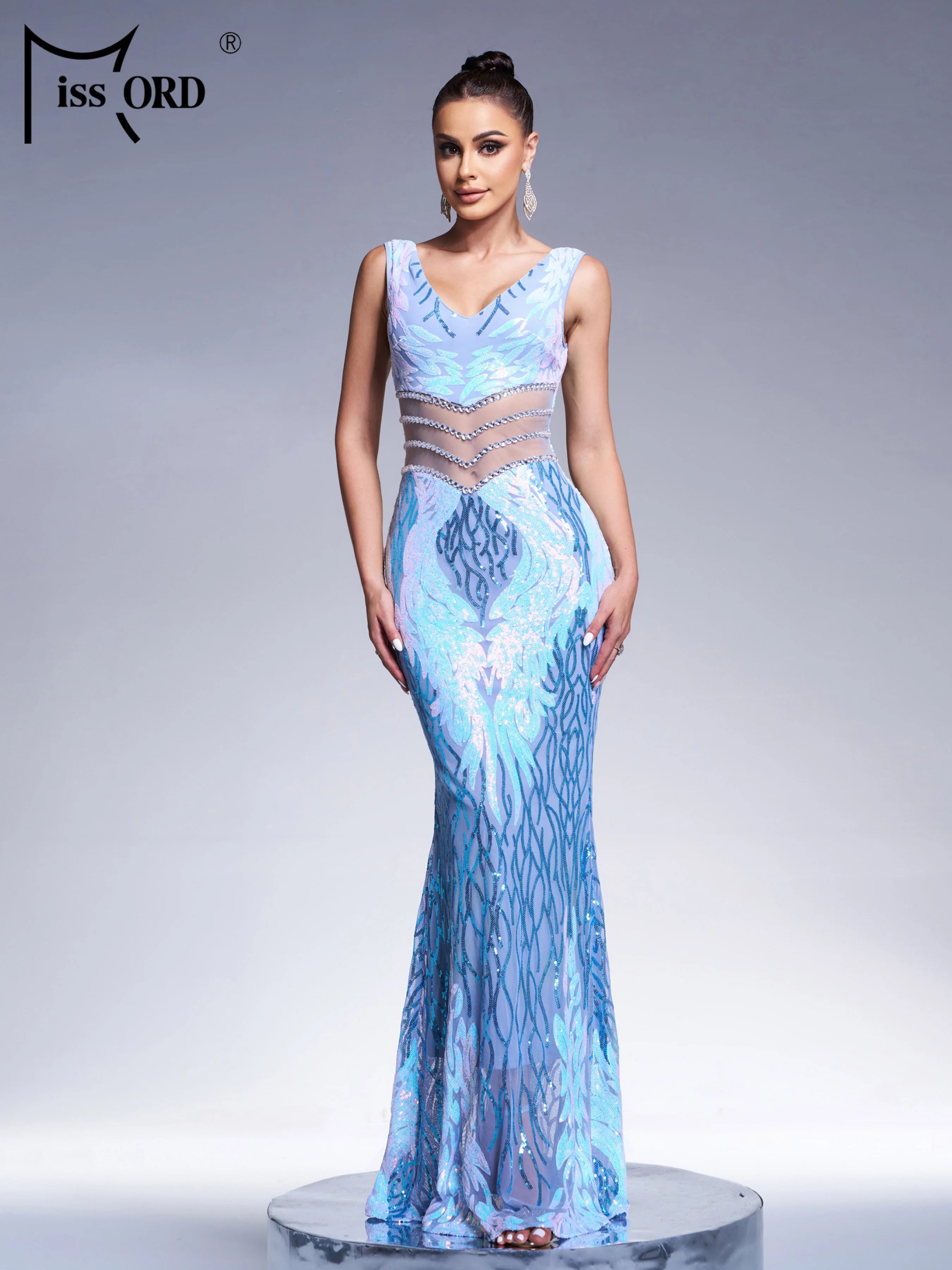FZ Women's V Neck Cutout Sequin Mermaid Cocktail Maxi Evening Dress